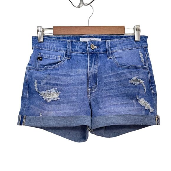 Kancan Women's Medium Wash Distressed High Rise Rolled Cuff Jean Shorts Size 27 - Picture 1 of 10